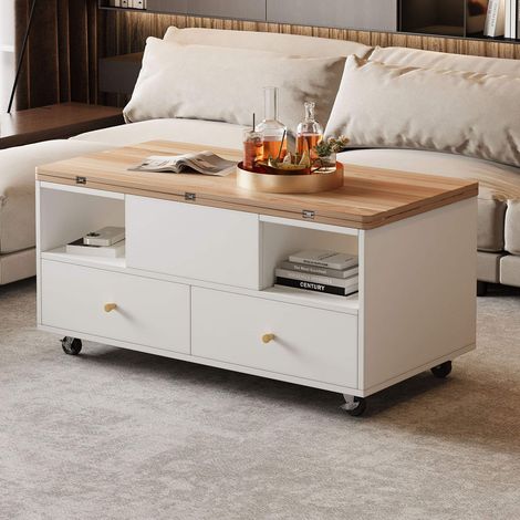 Table basse relevable transformable en table à manger avec 4 tiroirs, plateau extensible pliable, roulettes, meuble salon multifonction en MDF effet bois naturel (1/5)