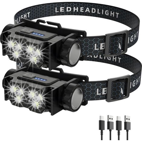2er-Pack wiederaufladbare LED-Stirnlampen – wasserdicht, mit Echtzeit-Akkustandsanzeige, leicht und kompakt für Camping, Wandern und Arbeit, schwarz