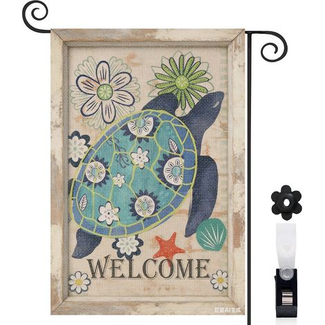 Drapeau vertical tortue et lavande pour le jardin d'été 30 x 45 cm décoration extérieure (1/5)