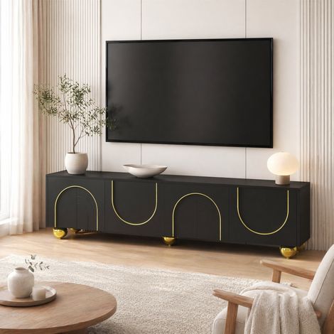 Meuble TV avec 4 portes et pieds en métal à boule, meuble bas salon pour télé jusqu'à 80'', Design élégant et luxueux 170×38×44 cm (1/5)