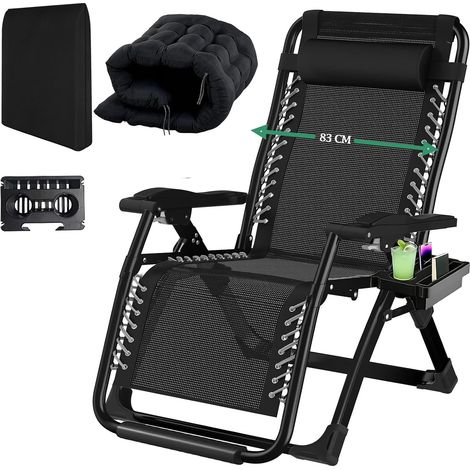 83cm Ultra-Large Transat Jardin Exterieur avec Repose Pieds,Coussin Rembourré,Appuie-TêTe,2 Porte-Gobelet,Bain de Soleil,Chaise Longue Pliante Dossier RéGlable pour Balcon,Plage,Noir (1/5)