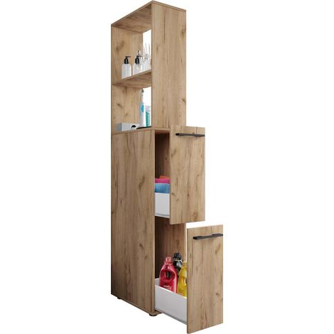 Ebuy24 – Meuble bas de salle de bain en bois – Dimensions H. 183 x L. 50 x P. 25 cm – 2 tiroirs et 2 compartiments ouverts – Surface facile à entretenir