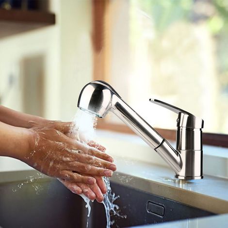 Robinet d'évier de cuisine extractible pour eau froide (placage nickelé brossé, norme européenne G3/8") (1/5)