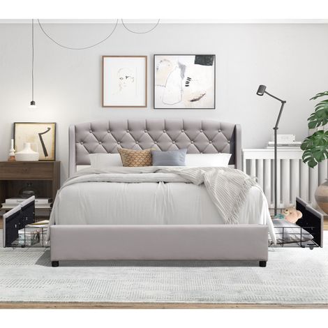 Iris - Letto Solido e Confortevole 140x200 con Rete con 4 Cassetti + Testiera Colore Grigio + Piedi di 4 cm - 13 Doghe - Rivestimento PVC Similpelle Facile da Pulire - Montaggio Veloce e Facile