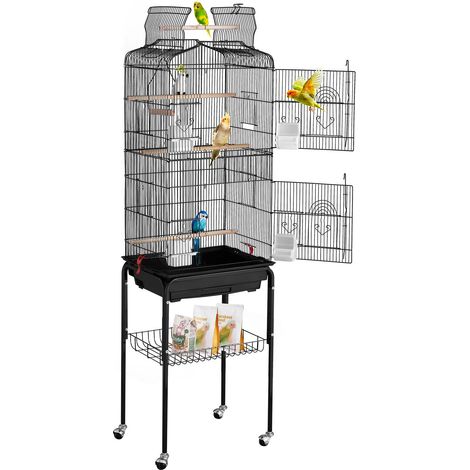 Cage Oiseau 45,7 x 35,5 x 151 cm, Grande Cage Oiseaux en Métal avec Support Roulant, Plateau Détachable, Perchoirs, Mangeoires, Jouet, pour Oiseaux d'Amour, Perroquets, Perruches, Calopsittes (1/5)