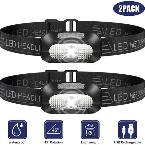 Lampe frontale LED, lampe frontale légère 2 pièces, lampe frontale étanche rechargeable USB super brillante pour le camping, la pêche, la course, le jogging, la randonnée, la lecture, le travail (1/5)
