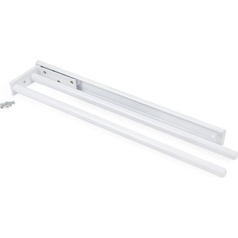 Emuca – Porte-serviettes extensible 2 bras – Aluminium blanc – Longueur 440 mm – Fixation latérale ou sous plan de travail – Coulisse télescopique