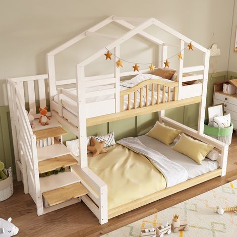Litera estilo cabaña de 90x200/140x200 con escaleras y estantes de almacenamiento, acabado en blanco y madera para dormitorio. (1/5)