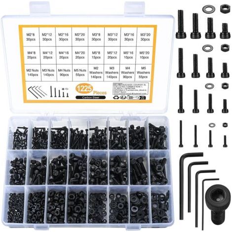 1225 Pièces M2 M3 M4 M5 Jeu de Vis et écrous, Vis à Tête Cylindrique à Six Pans Creux et Boulons et écrous et Rondelles, Vis Filetées à Tête Ronde Acier Carbone et écrous et Rondelles (noir) (1/5)