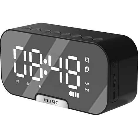 Reloj despertador digital con espejo, Bluetooth, radio FM, termómetro, doble alarma, 3 niveles de brillo, soporte para teléfono. (1/5)
