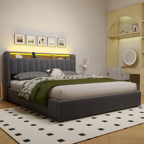 Lit 180x200 cm Rembourré avec Coffre Hydraulique, LED et USB Intégrés, Velours Doux, Structure MDF/Métal - Gain de Place Moderne (1/5)