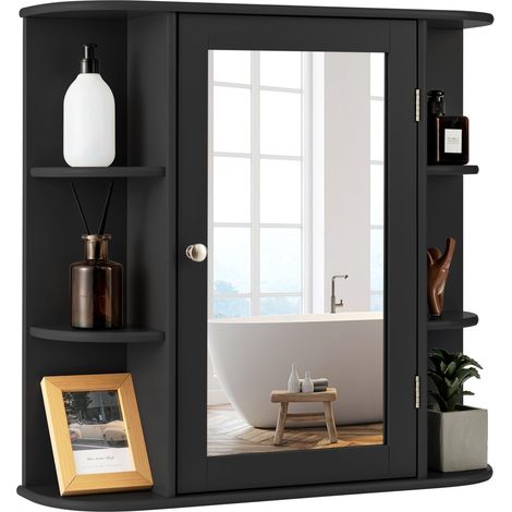COSTWAY Mobile da Bagno con Specchio 66 x 17 x 63cm, Mobiletto in Legno Appeso con Mensole Regolabili, Armadietto dei Medicinali Multiuso per Bagno Salone Cucina (Nero) (1/5)