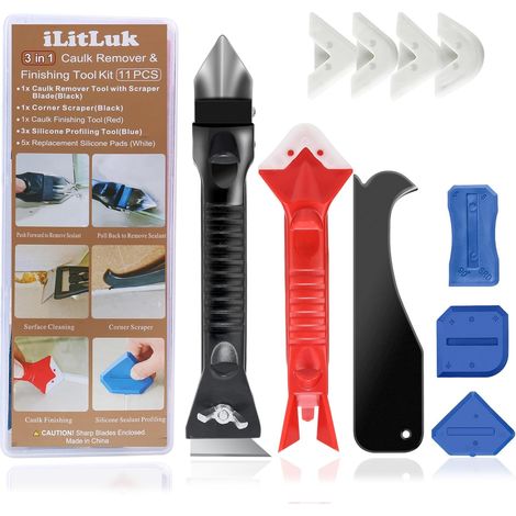 Kit Outils Joint Silicone - 9 Pièces - Acier et ABS - Gratteur et Lisseur - Rénovation Salle de Bain - Multi-tailles (1/5)