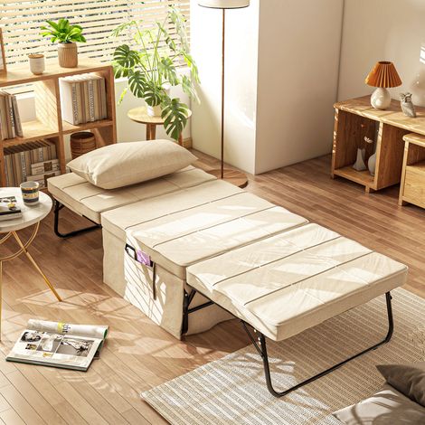 Sillón Cama Tapizado en Lino con Respaldo Ajustable de 5 Niveles Almohada Acolchada 75x80x74 cm Crema (1/5)