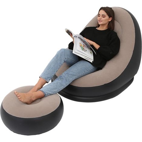 TrAdE Shop Traesio - Sedia Gonfiabile Poltrona Lounge Con Sgabello Portatile Pvc Floccato Per Campeggio -