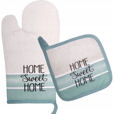 Guanto da forno in tessuto spesso con imbottitura, 100% cotone, art. 52399, color crema menta, con la scritta Home Sweet Home (1/3)