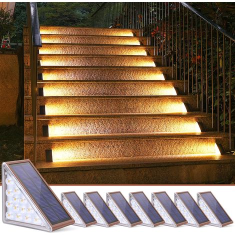 Lampe Solaire Exterieur, lot de 8 Eclairage Escalier Exterieur, Étanches (IP67), avec 13 LED Lumineuses, Blanc Chaud 3000K, Auto On/Off, pour Escaliers, Marches, Terrasses, Jardins, Allées (1/5)