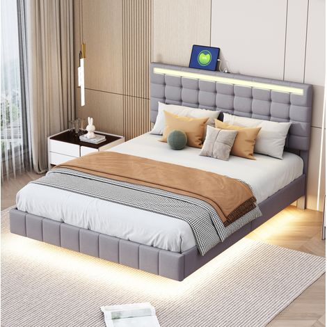 Lit rembourré moderne 140x200 cm gris, effet suspendu avec LED, tête de lit revêtue, sommier à lattes (1/5)