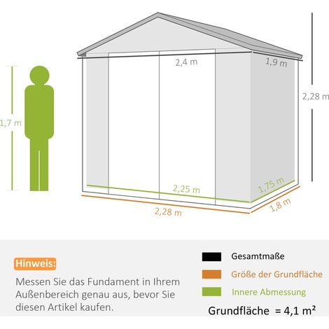 Gerätehaus, Gartenhaus, Geräteschuppen mit Lüftungsfenster, Kunststoff, Metall, 240 x 190 x 180/228, Grau (1/5)