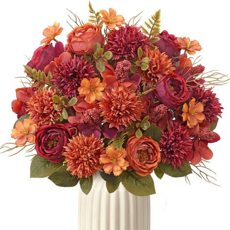 Künstlicher Herbststrauß 2er Set Pfingstrosen Chrysanthemen Burgunderrot 32cm (1/5)