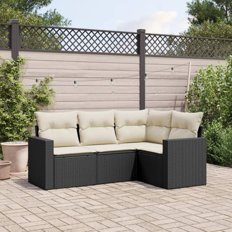 Ensemble de Salon de Jardin 4 Places en Résine Tressée Noire avec Coussins Crème - Canapés d'Extérieur Modulaires avec Accoudoirs Larges (1/4)