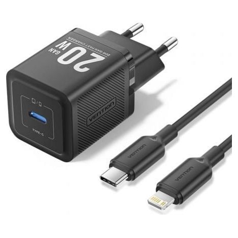 Cargador Gan de Pared Vention TZ-FEPB0-EU-02/ 1xUSB Tipo-C + Cable Lightning/ 20W