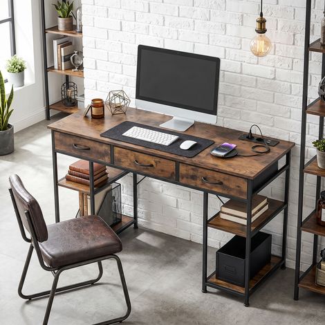 Bureau avec prises électriques, 3 tiroirs en tissu et 4 étagères, 120 x 40 x 76 cm, marron (1/5)