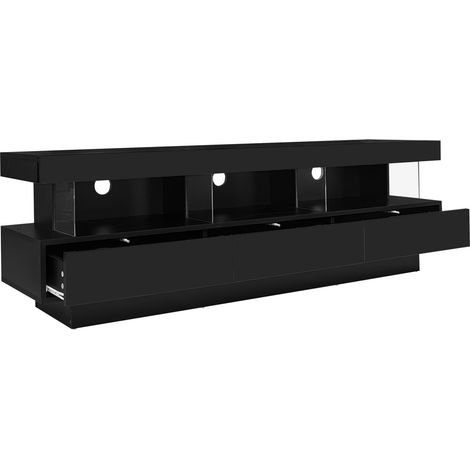 Meuble TV noir laqué avec 3 étagères en verre, éclairage LED contrôlé par Bluetooth, pour TV jusqu'à 70 pouces (1/5)