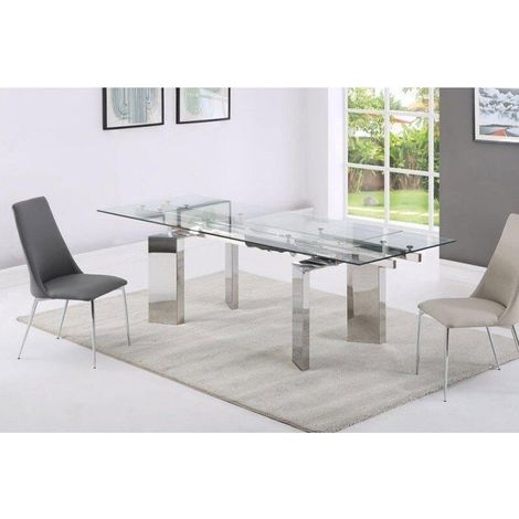 Table de Repas Extensible - GIOVANNI MARCHESI - Custom - 4 Chaises Crystal - Verre Trempé - Métal INOX