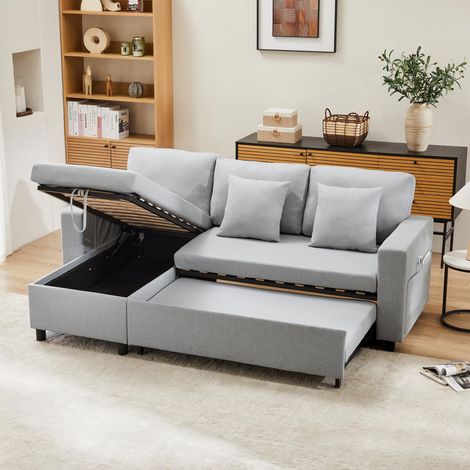 Canapé-lit d’angle 3 places avec fonction couchage et rangement, convertible en chaise longue pour salon, canapé panoramique moderne (gris clair)