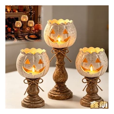 Ensemble de 3 photophores citrouille, bougeoirs citrouille en résine blanche, décoration de table pour Halloween (1/3)