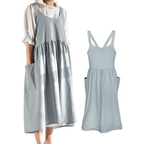 Tablier japonais pour femme, en coton et lin, avec bretelles croisées et grandes poches. Couleur unie, style littérature et art, idéal pour la cuisine, les cafés et les boutiques de fleurs. (1/5)