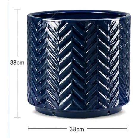 Set di vasi in ceramica fatti a mano, 1 pezzo (Ø38), blu scuro lucido con rilievo a spina di pesce rotondo, traspirante, resistente al gelo, con fori di drenaggio per uso interno, balcone e giardino. (1/5)