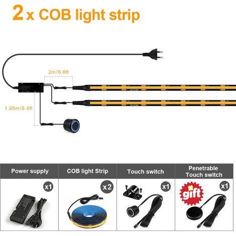 (2 bandes, lumière naturelle, 3M) Bande LED noire, COB, interrupteur à gradation à double capteur tactile, aucun perçage requis pour l'installation. (1/5)