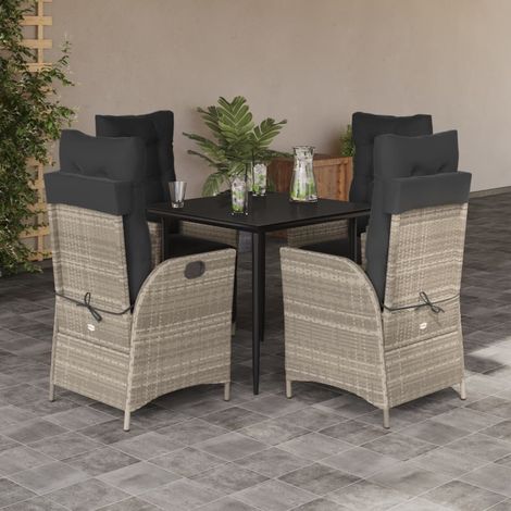 5-tlg. Garten-Essgruppe mit Kissen Hellgrau Poly Rattan