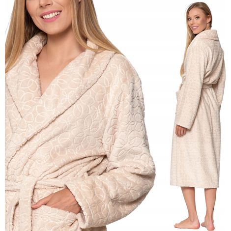 Langer, in der Taille gebundener Damen-Hausmantel mit Taschen, warm, weich, Größe S, beige (1/5)