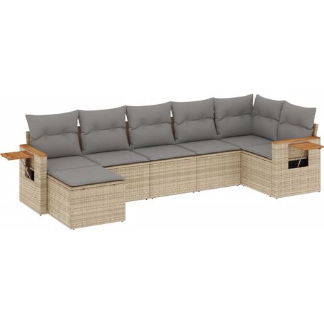 Salon de jardin avec coussins 7 pcs Mobilier de jardin beige résine tressée (1/3)