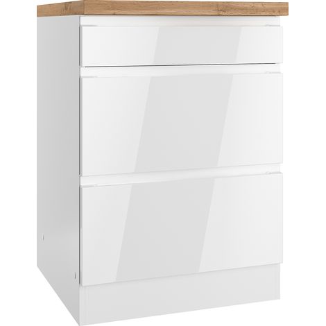 Unterschrank mit Schubladen 60 cm in Hochglanz weiß, Arbeitsplatte Eiche MARSEILLE-03 (1/5)