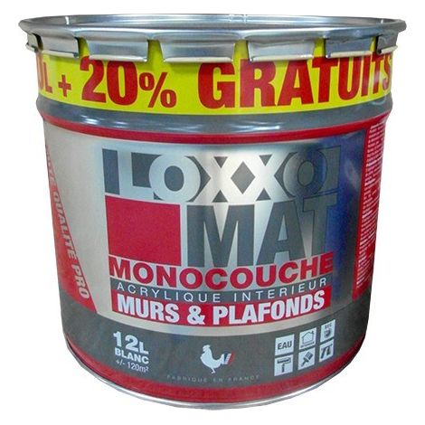 Peinture acrylique mate pour murs et plafonds – Haut pouvoir couvrant – Grande blancheur – Conditionnement 12L – Séchage rapide 1h – Loxxo