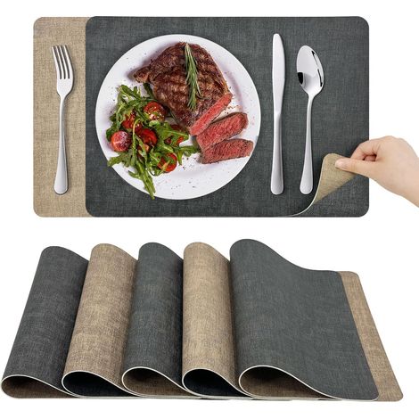 Lot de 6 sets de table plastique double face 43x30 cm + 6 dessous verre 10x10 cm, résistants chaleur, gris abricot (1/5)