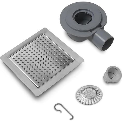 Vancoco Siphon de douche en acier inoxydable 150 x 150 mm avec anneau étanche - Carré à 360° - Siphon de bord avec système anti-odeurs - Passoire à cheveux brossé (1/5)