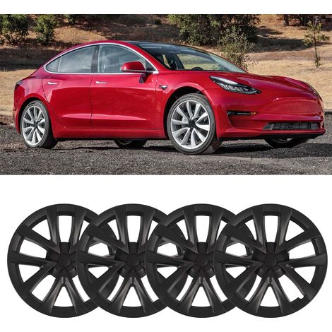 (T04) (Video verfügbar) 4 Radkappen im Karomuster für 18-Zoll-Felgen des Tesla Model 3 (2017-2023) (unmarkiert) Mattschwarz (übergroß) (übergewichtig) (1/5)
