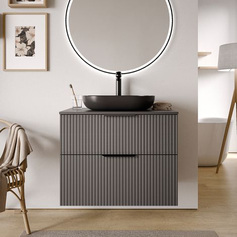 Waschtischunterschrank Bernstein TIM 80 cm für Aufsatzwaschbecken Badmöbel: Anthrazit matt profiliert, Metallgriff: Chrom, Waschtischplatte: Weiß glänzend