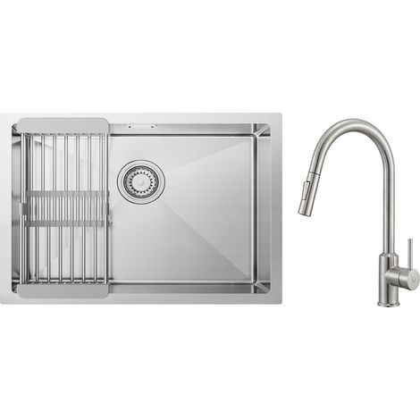 Lavello Cucina 1 Vasca Spazzolato con Cestello Scarico 60×44cm + Miscelatore Cucina con Doccetta Estraibile Girevole a 360° Spazzolato (1/5)