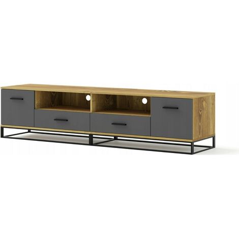 Meuble TV Graphite /chêne 190 cm ARSEN meuble Hi-fi sideboeard commode à poser pieds et poignées noir (1/5)