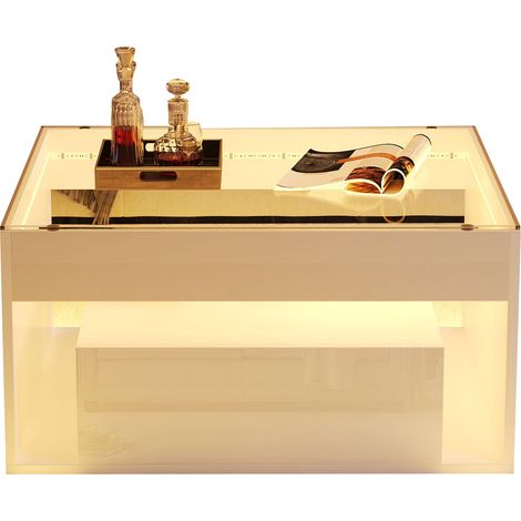 Table basse carrée 70x70 blanche brillante avec LED, plateau en verre trempé et 2 tiroirs, table de salon moderne (1/5)