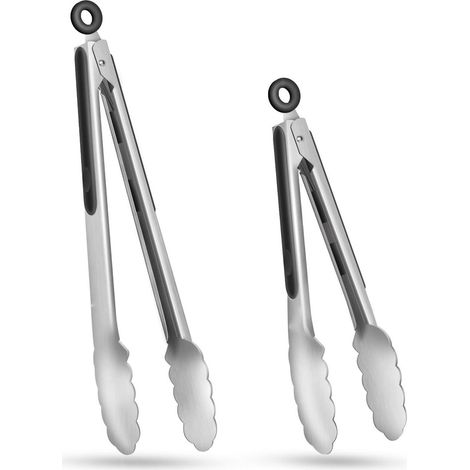 Pinze da cucina in acciaio inox - Pinze da cucina con chiusura di sicurezza, manico in silicone, set da 2 pezzi (23 cm e 30,5 cm) - Nero (1/5)