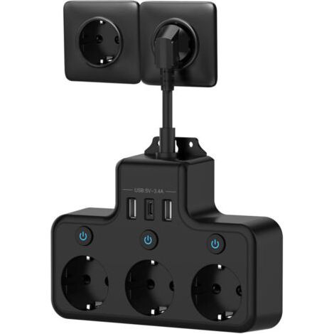 Prise Multiple avec Interrupteur Individuel, Multiprise avec USB C 3 Prises et 3 USB Chargeurs, Multiprise électrique Murale Adaptateur Prise USB Multiple Câble Court 0,1M pour Cuisine,Bureau,Noir