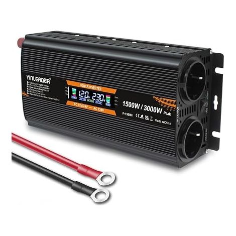 Convertisseur 12V 24V à 220V 230V 1500W (3000W Crête), Onduleur Voiture Camion Auto-Détection avec 2 Prises EU, Écran LCD, USB, Idéal pour Camping-Car et Voyage (1/5)