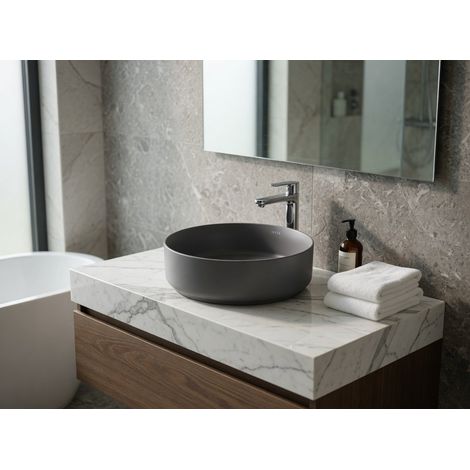Lavabo tondo da appoggio senza troppo pieno in ceramica senza foro rubinetto - Grigio Pietra Opaco